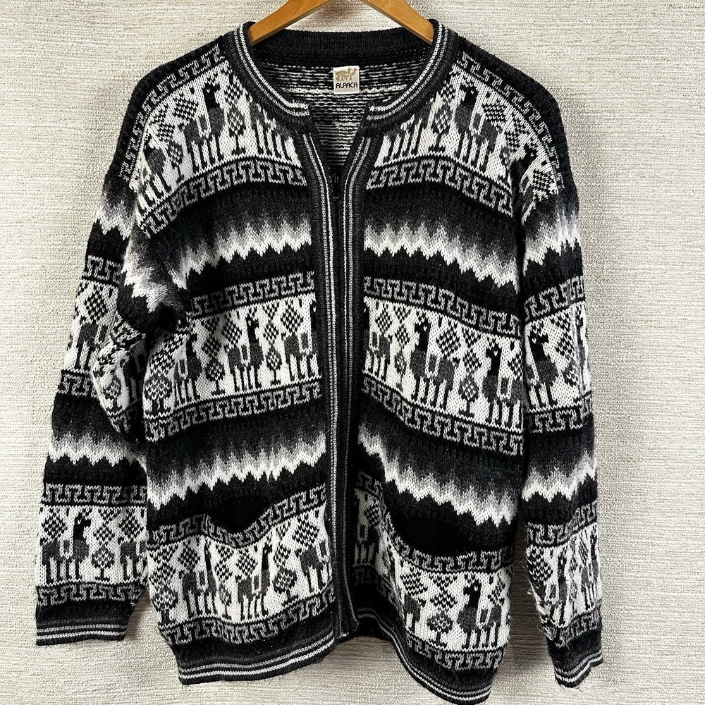 Peruvian Alpaca Zip Up Knit Sweater Black White Sz M/L Luxury Sustainable Soft